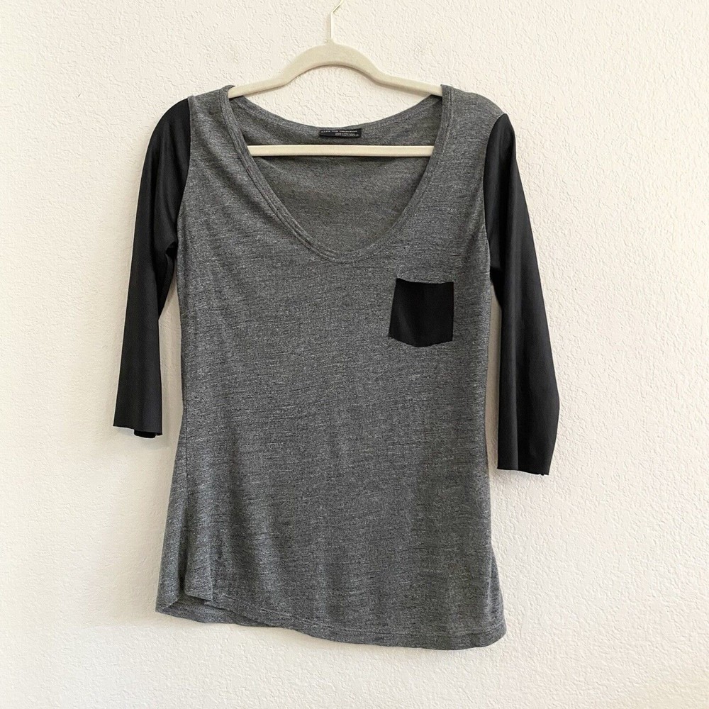 ZARA W&B Collection Heather Gray Black Mixed Fabric 3/4 Sleeve sz Small Shirt